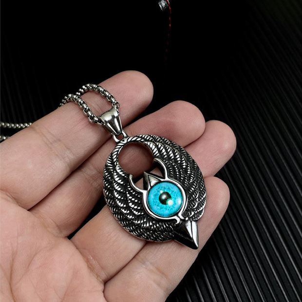 Fashion Punk Trending Hip Hop Blue Evil Eye Angel Wing Handmade Crystal Cuban Iced Out Bling Sparkle American Diamond Pendant Cubic Zirconia Necklace with Chain Gift Jewelry for Men and Women
