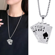 Fashion Punk Trending Hip Hop Poker Face Cards Handmade Crystal Cuban Iced Out Bling Sparkle American Diamond Pendant Cubic Zirconia Necklace with Chain Gift Jewelry for Men and Women