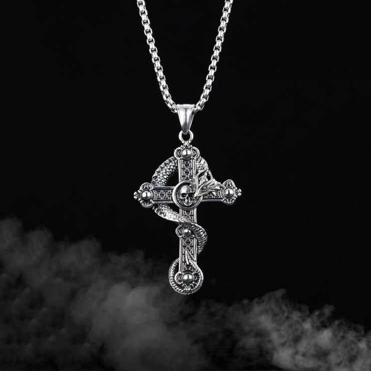 Fashion Punk Trending Hip Hop Serpent Snake Cross Handmade Crystal Cuban Iced Out Bling Sparkle American Diamond Pendant Cubic Zirconia Necklace with Chain Gift Jewelry for Men and Women