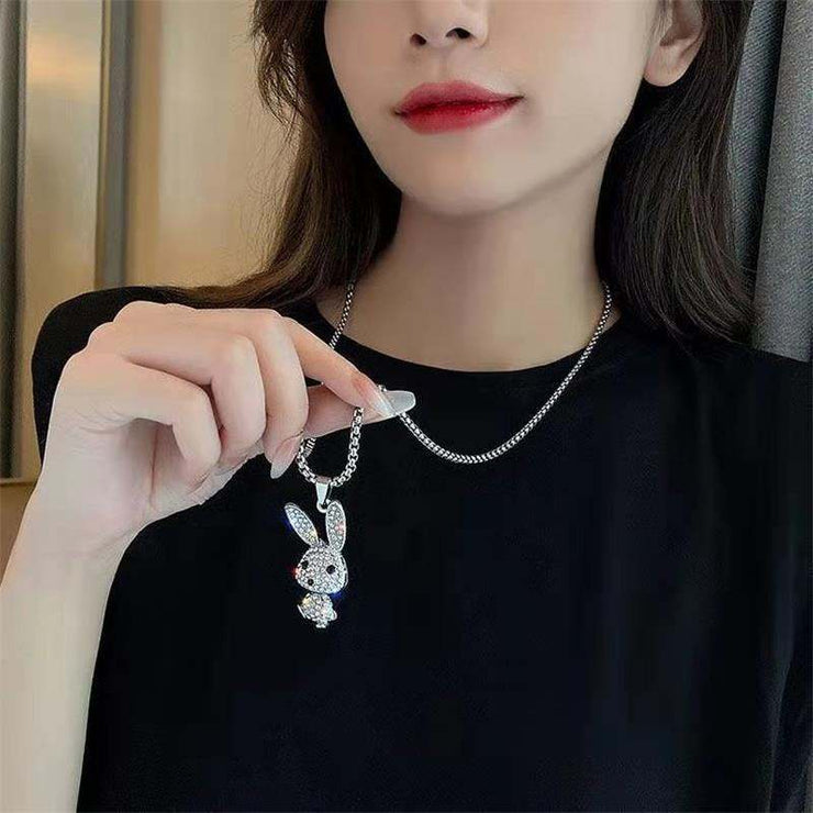 Fashion Punk Trending Hip Hop Bunny Rabbit Handmade Crystal Cuban Iced Out Bling Sparkle American Diamond Pendant Cubic Zirconia Necklace with Chain Gift Jewelry for Men and Women
