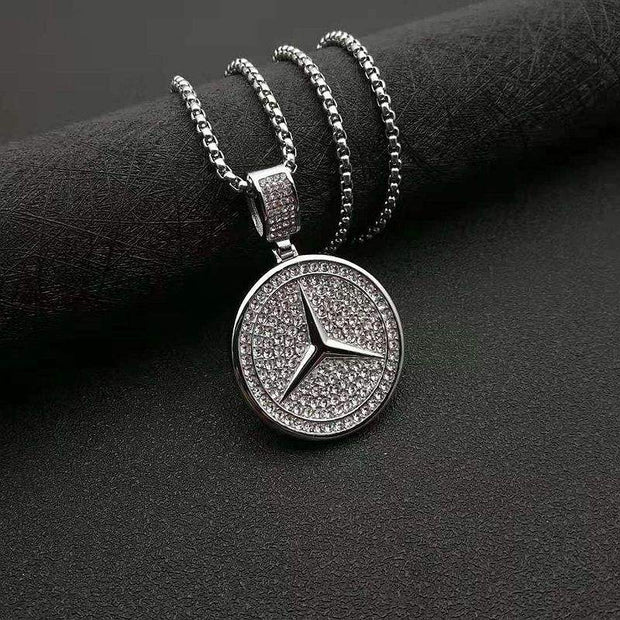 HipHop Mercedes Sign Iced Out Bling Pendant Necklace with Chain for Men & Women