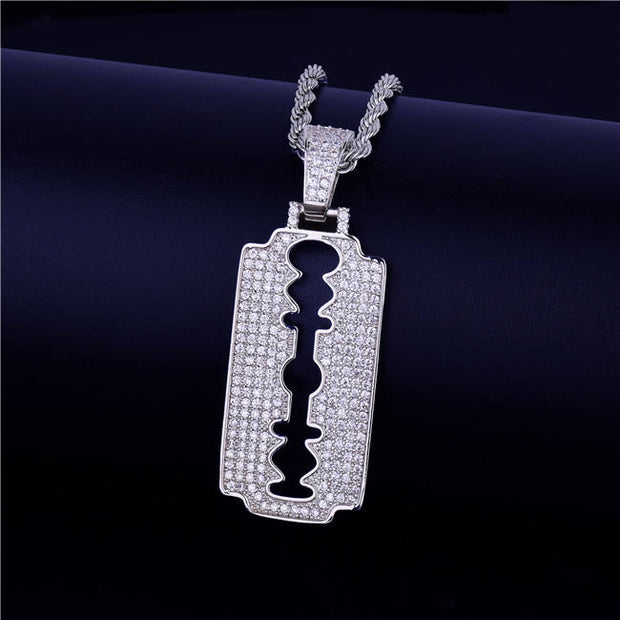 Fashion Punk Trending Hip Hop Razor Blade Iced Out Bling Handmade Crystal Cuban Iced Out Bling Sparkle American Diamond Pendant Cubic Zirconia Necklace with Chain Gift Jewelry for Men and Women