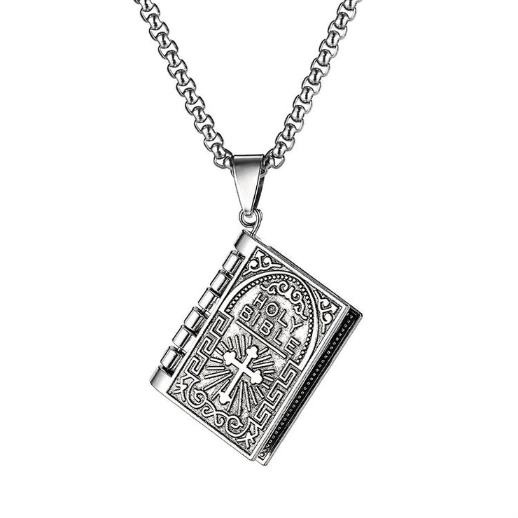 Fashion Punk Trending Hip Hop Christian Religious Prayer Holy Bible Book Handmade Crystal Cuban Iced Out Bling Sparkle American Diamond Pendant Cubic Zirconia Necklace with Chain Gift Jewelry for Men and Women