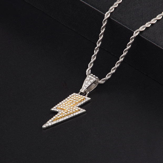 Fashion Punk Trending Hip Hop Thunder Handmade Crystal Cuban Iced Out Bling Sparkle American Diamond Pendant Cubic Zirconia Necklace with Chain Gift Jewelry for Men and Women
