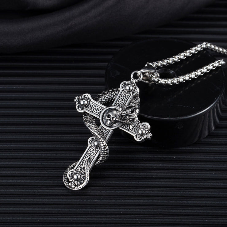 Fashion Punk Trending Hip Hop Serpent Snake Cross Handmade Crystal Cuban Iced Out Bling Sparkle American Diamond Pendant Cubic Zirconia Necklace with Chain Gift Jewelry for Men and Women