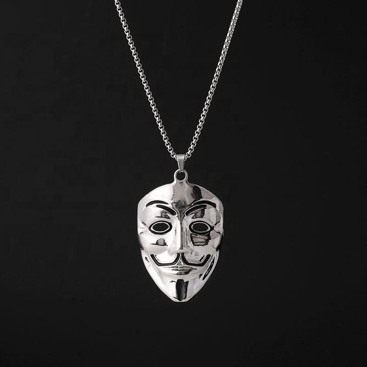Fashion Punk Trending Hip Hop Guy Fawkes Vendetta Hacker Mask Handmade Crystal Cuban Iced Out Bling Sparkle American Diamond Pendant Cubic Zirconia Necklace with Chain Gift Jewelry for Men and Women