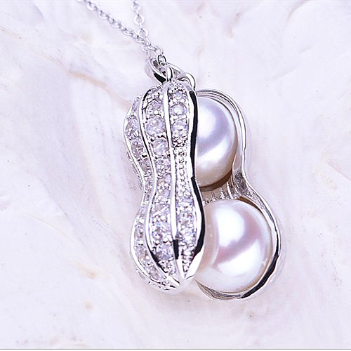 Fashion Punk Trending Hip Hop Silver Pearl Peanut Handmade Crystal Cuban Iced Out Bling Sparkle American Diamond Pendant Cubic Zirconia Necklace Gift Jewelry for Men and Women