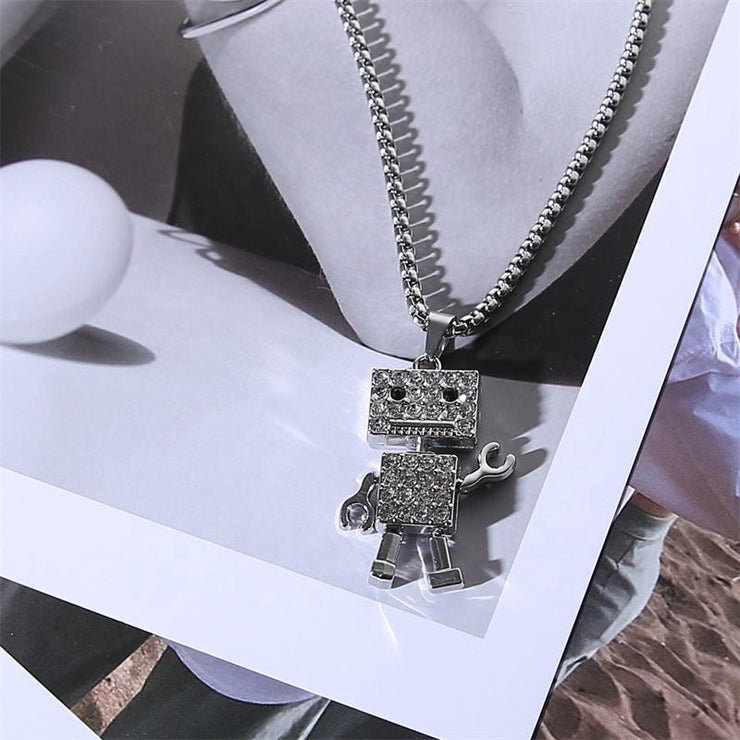 Fashion Punk Trending Hip Hop Robot Handmade Crystal Cuban Iced Out Bling Sparkle American Diamond Pendant Cubic Zirconia Necklace with Chain Gift Jewelry for Men and Women