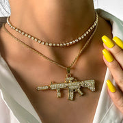 Fashion Punk Trending Hip Hop Handmade Assault Rifle AK-47 Gun Crystal Cuban Iced Out Bling Sparkle American Diamond Pendant Cubic Zirconia Necklace Gift Jewelry for Men and Women