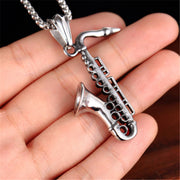 Fashion Punk Trending Hip Hop Saxophone Musical Instrument Handmade Crystal Cuban Iced Out Bling Sparkle American Diamond Pendant Cubic Zirconia Necklace with Chain Gift Jewelry for Men and Women