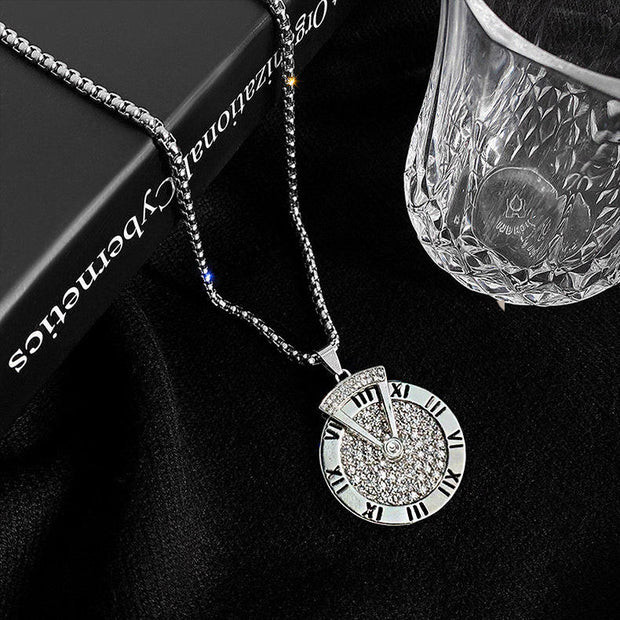 Fashion Punk Trending Hip Hop Roman Numeral Clock Iced Out Bling Handmade Crystal Cuban Iced Out Bling Sparkle American Diamond Pendant Cubic Zirconia Necklace with Chain Gift Jewelry for Men and Women