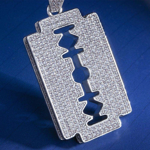 Fashion Punk Trending Hip Hop Razor Blade Iced Out Bling Handmade Crystal Cuban Iced Out Bling Sparkle American Diamond Pendant Cubic Zirconia Necklace with Chain Gift Jewelry for Men and Women