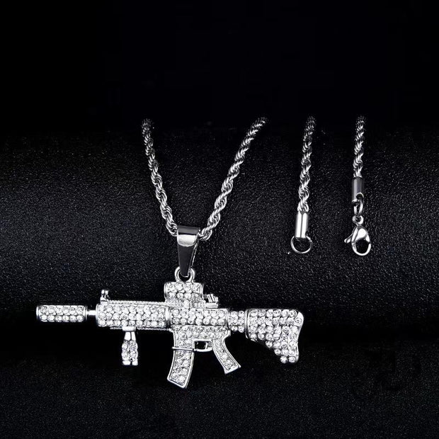 Fashion Punk Trending Hip Hop Handmade Assault Rifle AK-47 Gun Crystal Cuban Iced Out Bling Sparkle American Diamond Pendant Cubic Zirconia Necklace Gift Jewelry for Men and Women