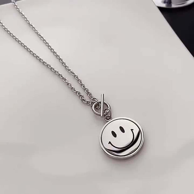 Fashion Punk Trending Hip Hop Happy Smiley Face Two-sided Handmade Crystal Cuban Iced Out Bling Sparkle American Diamond Pendant Cubic Zirconia Necklace with Chain Gift Jewelry for Men and Women