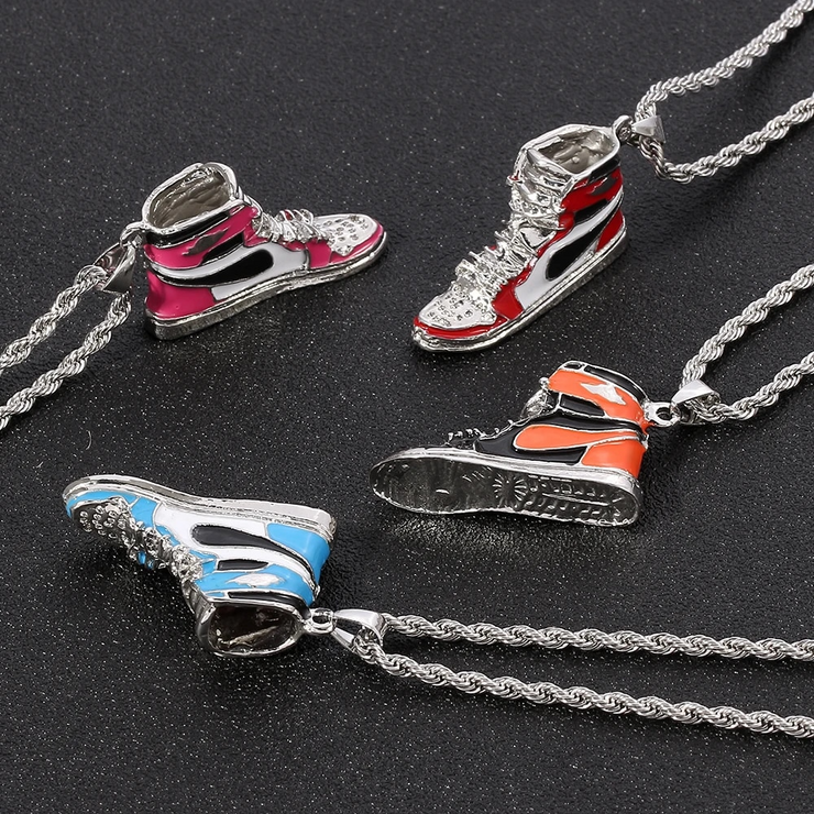 Fashion Punk Trending Hip Hop Sneakers Handmade Crystal Cuban Iced Out Bling Sparkle American Diamond Pendant Cubic Zirconia Necklace with Chain Gift Jewelry for Men and Women