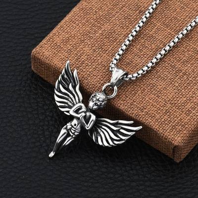 Fashion Punk Trending Hip Hop Angel Handmade Crystal Cuban Iced Out Bling Sparkle American Diamond Pendant Cubic Zirconia Necklace with Chain Gift Jewelry for Men and Women