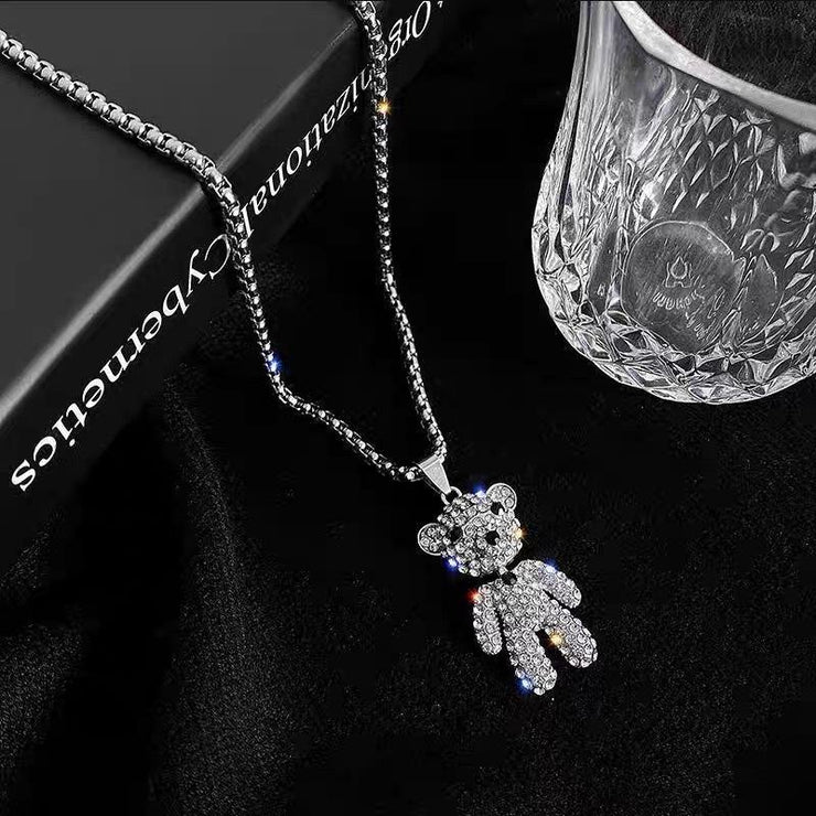 Fashion Punk Trending Hip Hop Teddy Handmade Crystal Cuban Iced Out Bling Sparkle American Diamond Pendant Cubic Zirconia Necklace with Chain Gift Jewelry for Men and Women
