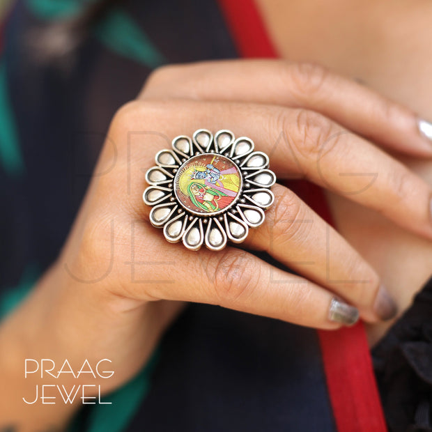 Anant Rang Radha Krishna Silver Designer Painting Ring With Oxidized Polish 0007