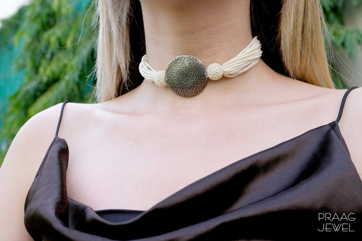 Antrang 925 Silver Choker Necklace With Oxidised Polish & Fresh Water Pearls