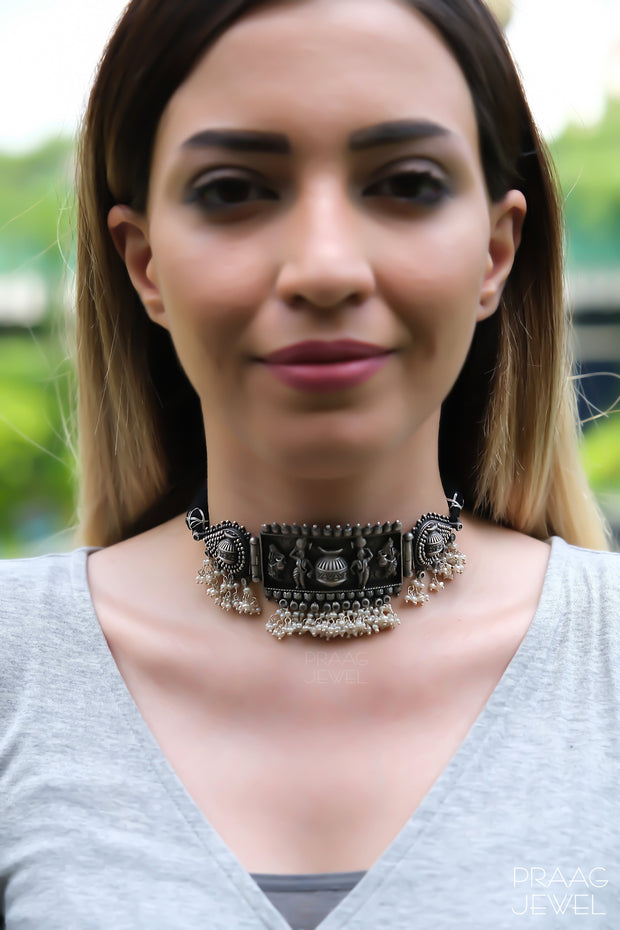Soumya Antique 925 Silver Choker Necklace With Oxidised Polish
