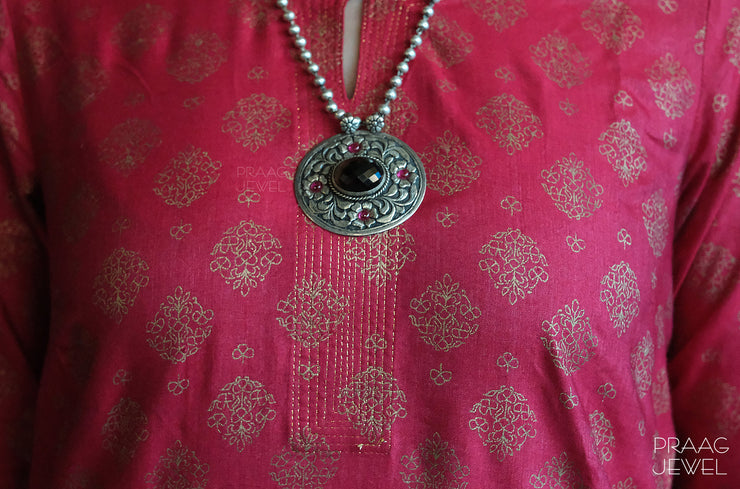 Kaaljayi 925 Silver Designer Pendant Necklace With Oxidised Polish 0084