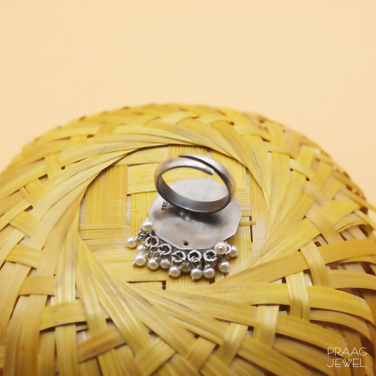 Dushkon Silver Ring With Oxidized Polish & Pearl Hangings 0027